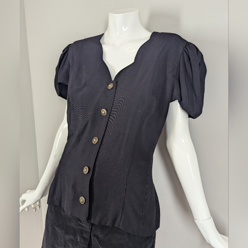 Vintage 90s Puff Sleeve Blouse Black Button Front Romantic Cottagecore Coquette